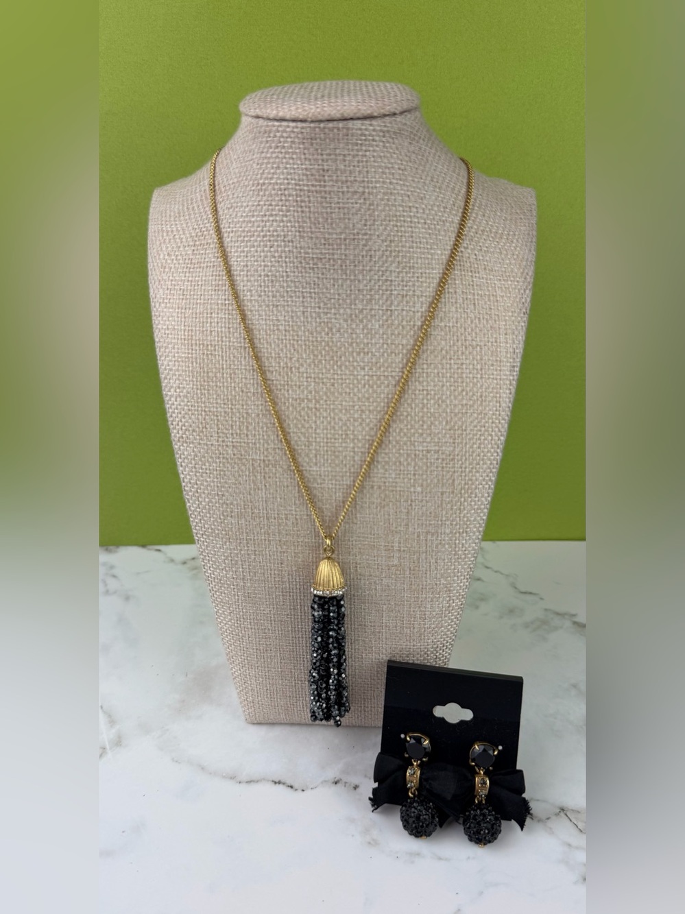 J Crew Black Beaded Tassel Pendant Necklace Long Chain & Bow Drop Earrings Set